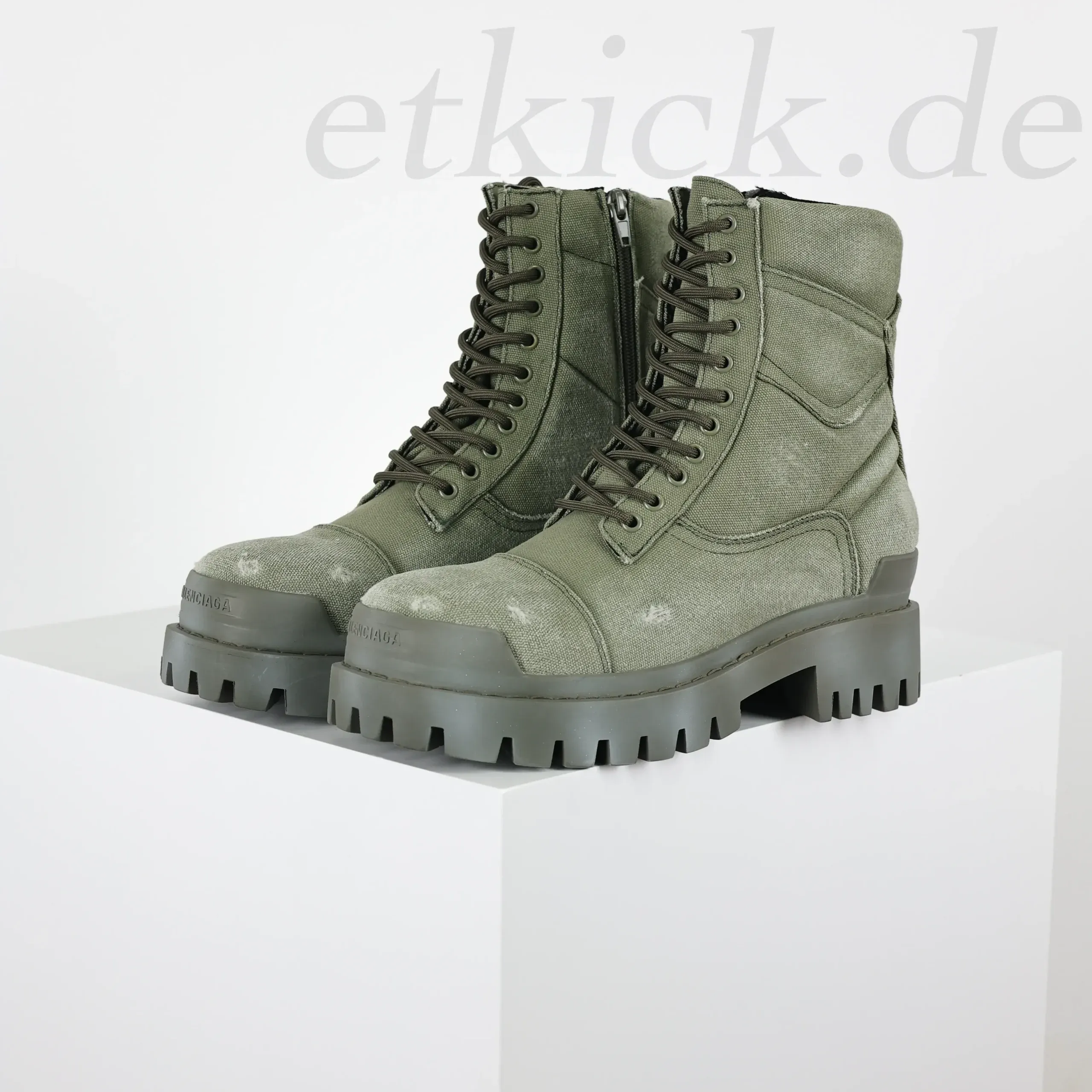 Balenciaga Strike Platform Combat Boots Distressed Look In Military Green - Image 3