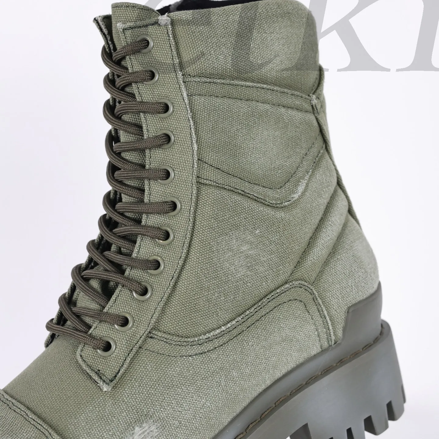Balenciaga Strike Platform Combat Boots Distressed Look In Military Green - Image 7