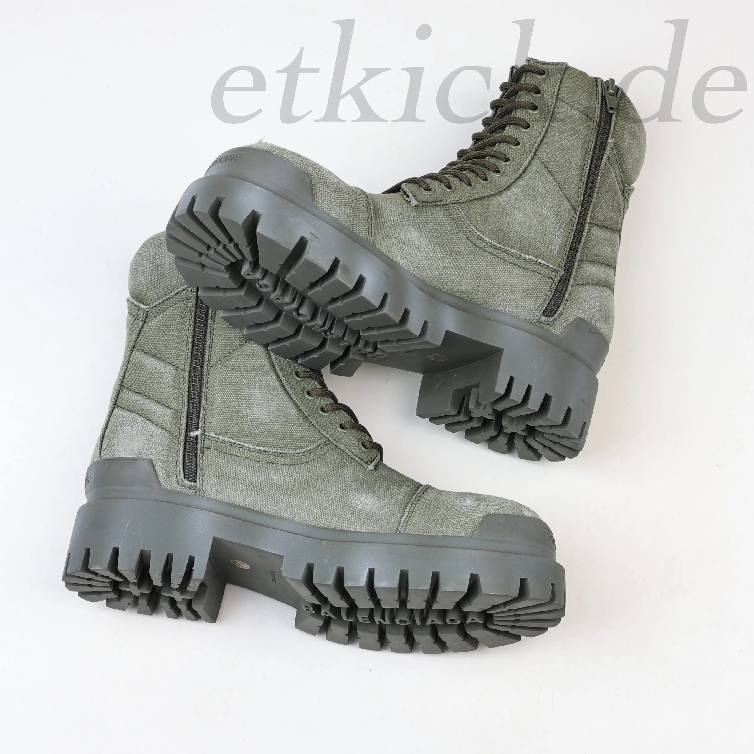 Balenciaga Strike Platform Combat Boots Distressed Look In Military Green - Image 10