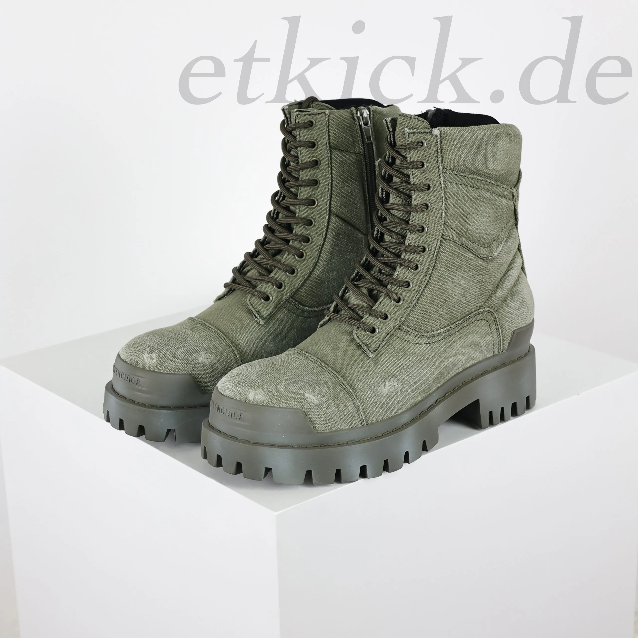 Balenciaga Strike Platform Combat Boots Distressed Look In Military Green