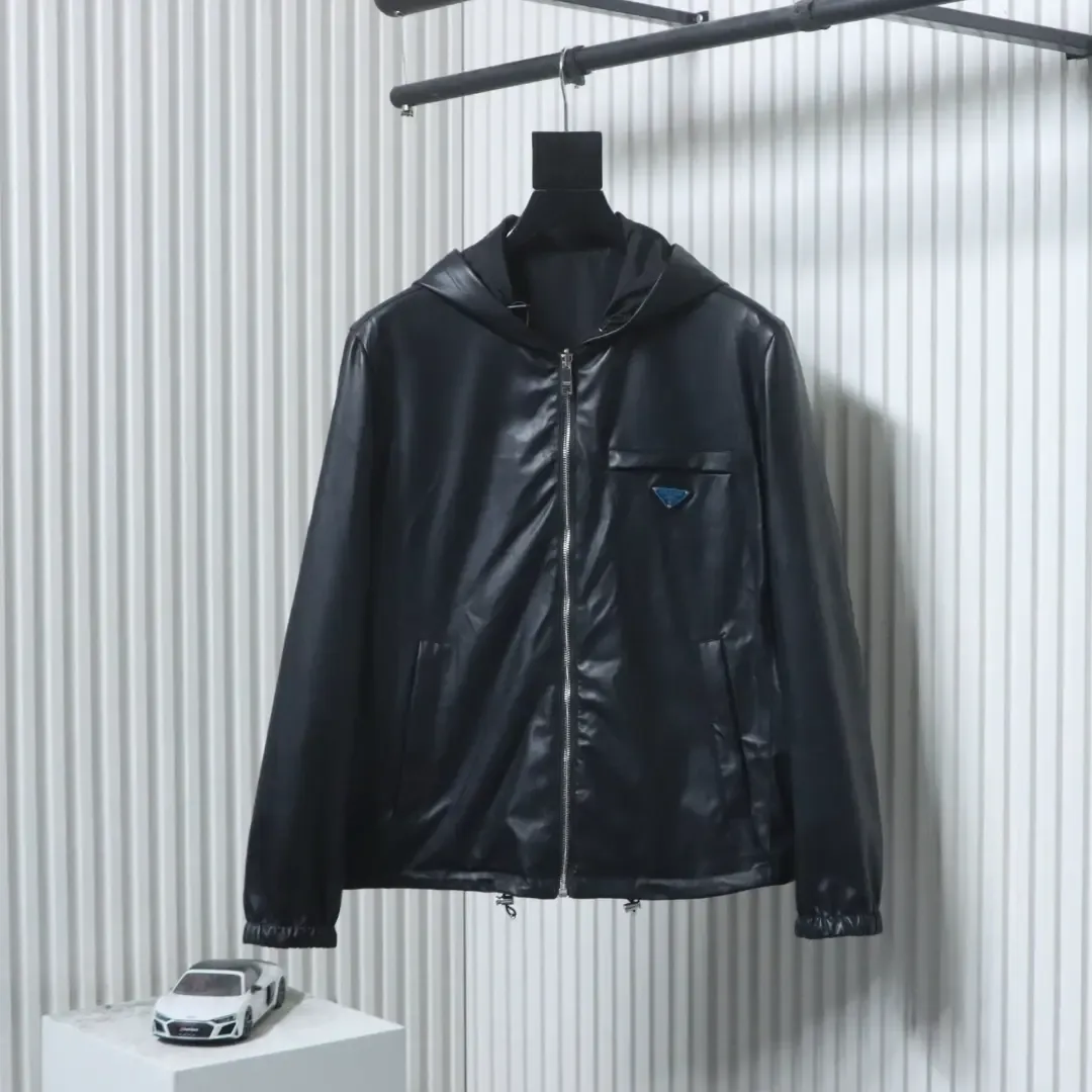 Reversible Hooded Jacket Made Of Leather And Nylon
