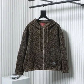 Thermal Jacket With Hood And Zipper Leopard Print Waffle Pique Fabric