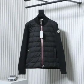 Moncler Down Jacket With Woven Button Placket And Knitted Patchwork Design