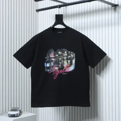 Balenciaga Pigelle Nightscape Limited Edition Washed Ripped Short Sleeve T-Shirt - etkick reps