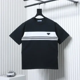 Short-sleeved T-shirt with striped patchwork design and triangular logo