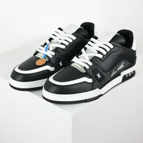 Trainer Sneakers With Jacquard Lettering And Simple Black Calfskin Leather